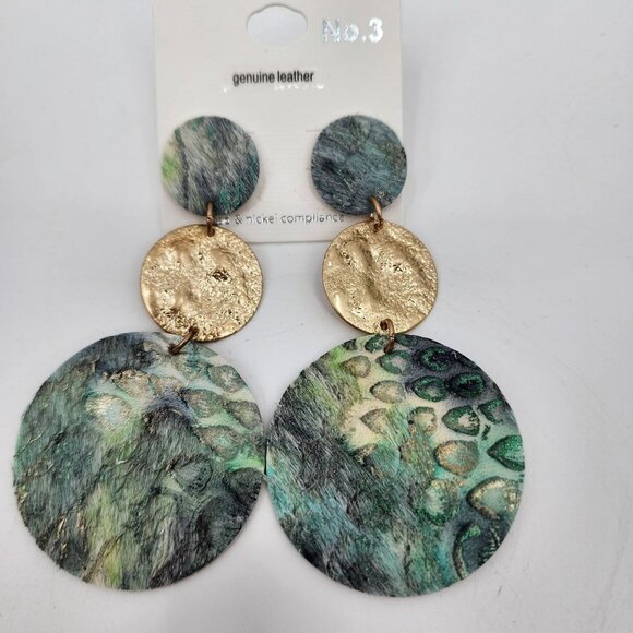 NO 3 Teal And Gold Over The Moon Triple Disk Statement Dangle Earrings NWT - Picture 2 of 3